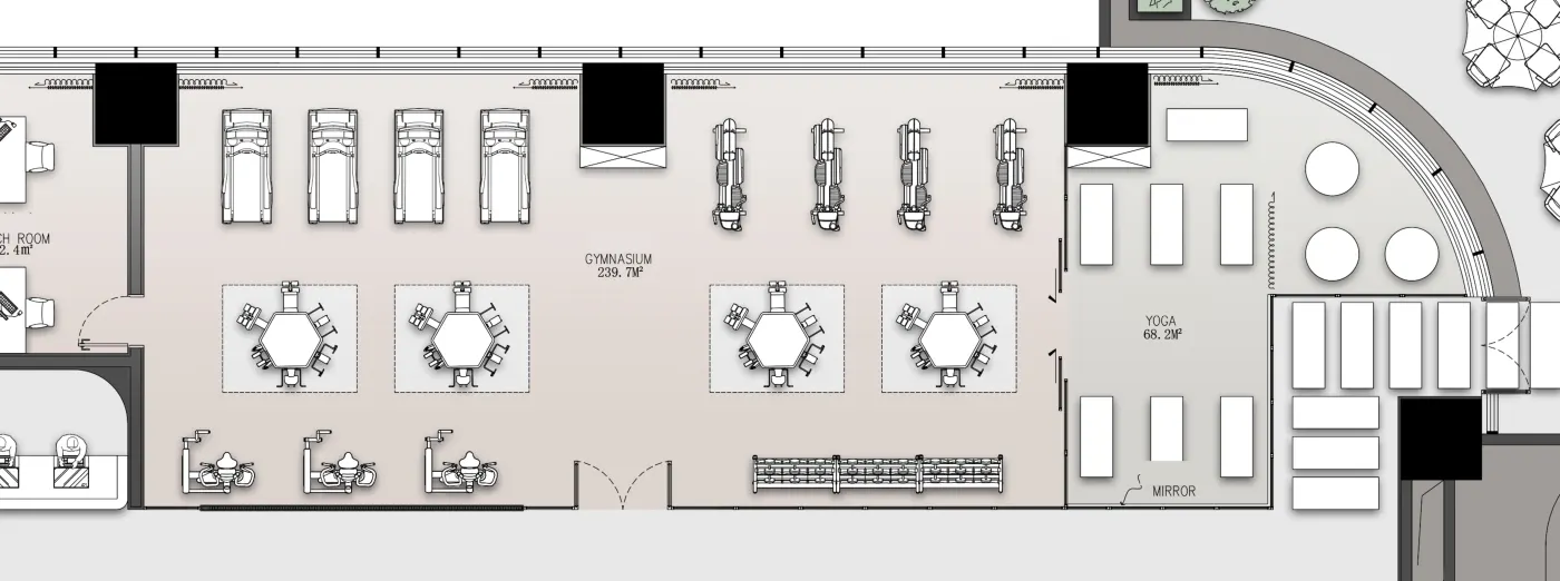 Gym area cropped from the floor plan, showing treadmills, ellipticals and strength stations